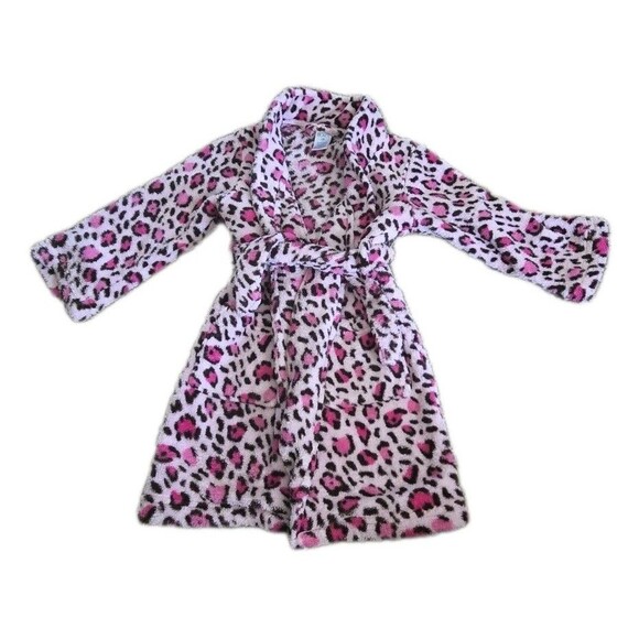 The Childrens Place Bath Robe Girls XS 4 Pink Leopard Print Fuzzy With Tie Belt - Picture 1 of 8